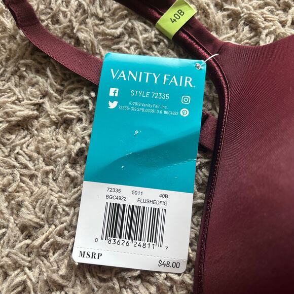 NWT! Vanity Fair Maroon Full Coverage Wirefree Bra Size 40B - Picture 6 of 6